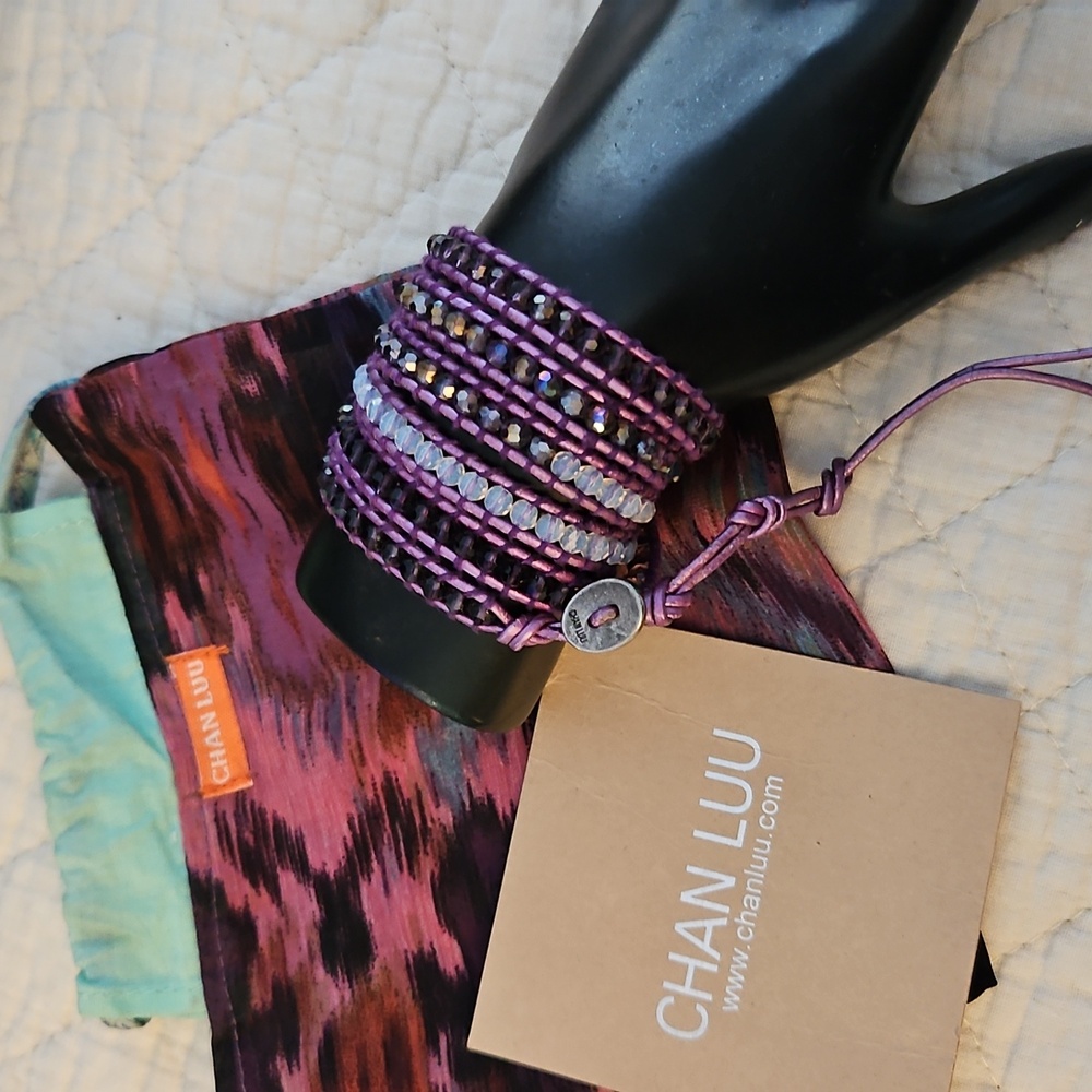 Chan Luu Authentic amethyst leather wrap bracelet with tag and bag.Y